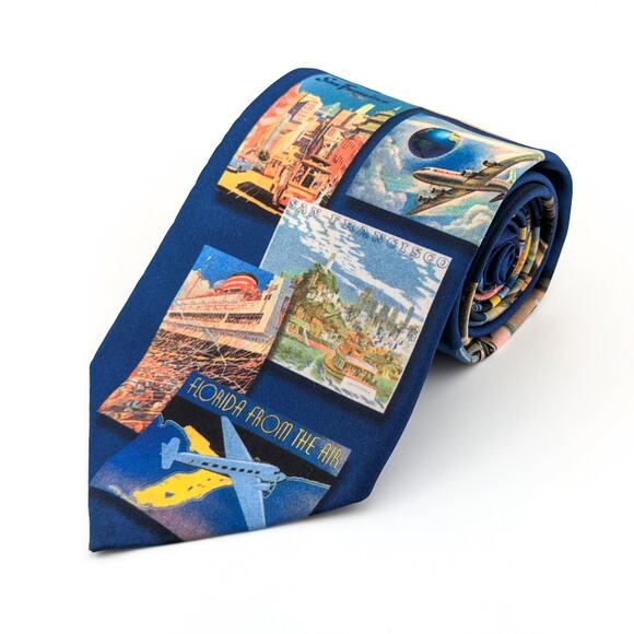 VTG Ralph Marlin On the Road Again Novelty Tie 2000 Post Card Motif Walnut Ridge - Picture 1 of 10
